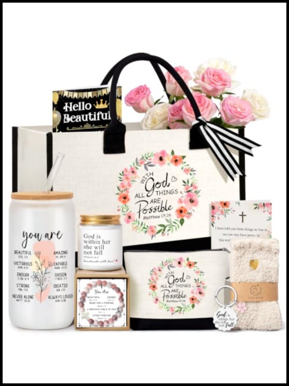 Christian Gift Set 16oz Glass Tumbler Tote Bag Socks Bracelet Candle
